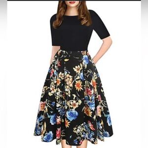 B2- small black floral dress w/pockets -  size S OXIULY FASHION